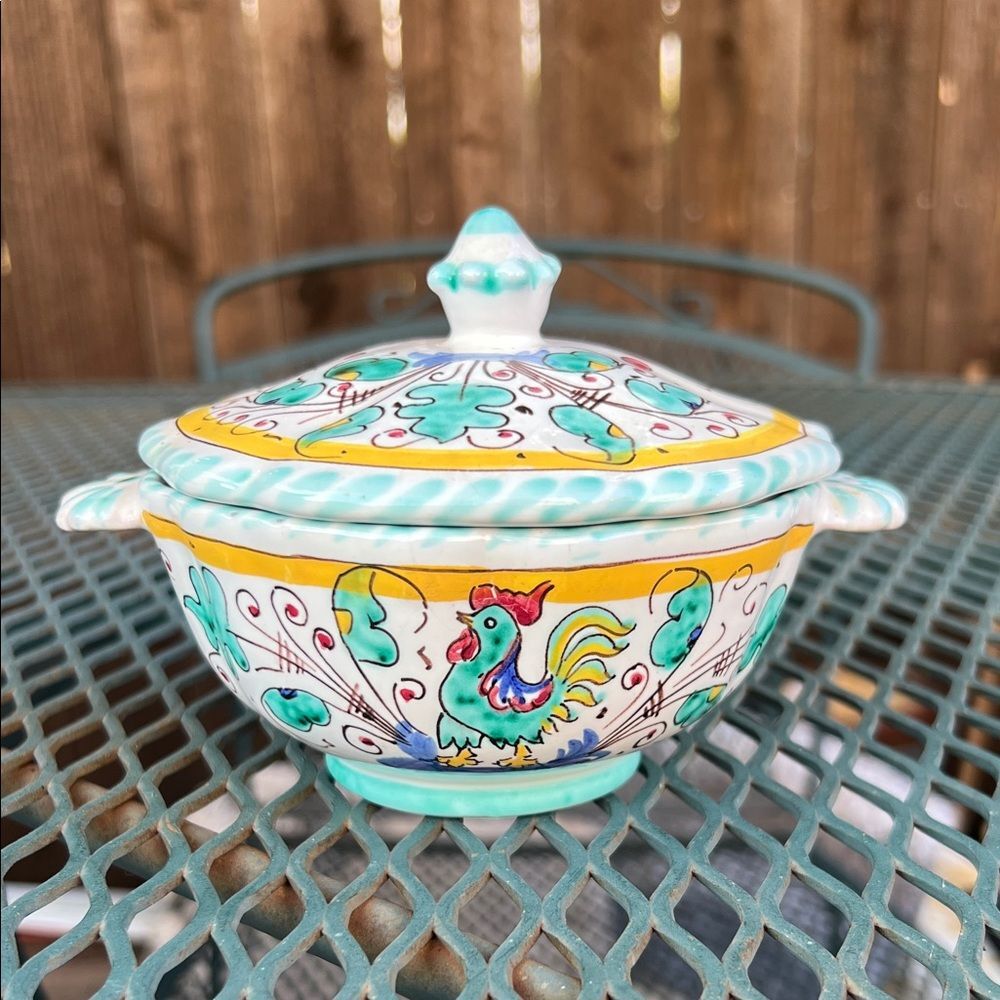 Cama Deruta Italy Italian Hand Painted Green Rooster Orvieto Ceramic Dish Lid